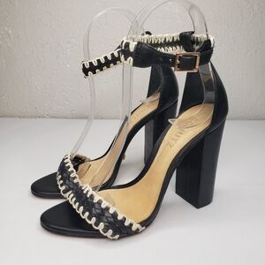 SCHUTZ Black Woven Leather Cream Block Heel Sandals